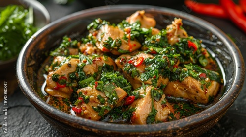 The national cuisine of Thailand. Thai chicken in cilantro sauce.