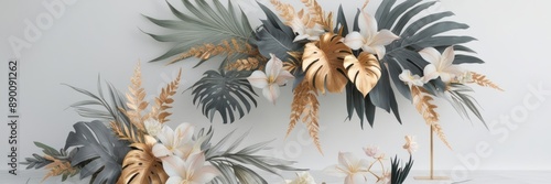 Elegant floral arrangement featuring delicate flowers and tropical leaves on a white background. Perfect for nature-inspired designs and decor.