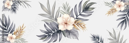 Elegant floral arrangement featuring delicate flowers and tropical leaves on a white background. Perfect for nature-inspired designs and decor.