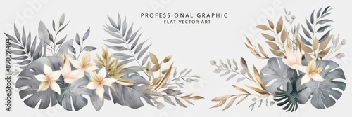 Elegant floral arrangement featuring delicate flowers and tropical leaves on a white background. Perfect for nature-inspired designs and decor.