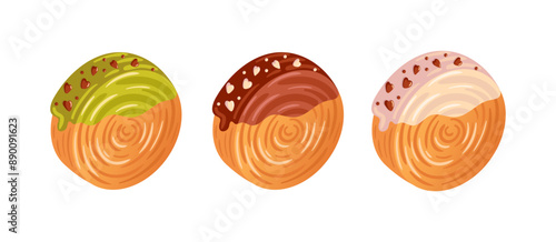 Croissant roll set, roundsan. Cromboloni, Coin, round croissant, covered with icing. bomboloni, filling with chocolate, pistachio and strawberry. New York dessert. For bakery shops, cafes, restaurants