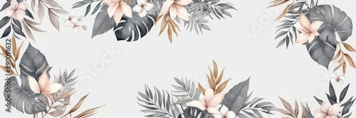 Elegant floral arrangement featuring delicate flowers and tropical leaves on a white background. Perfect for nature-inspired designs and decor.