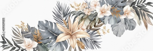 Elegant floral arrangement featuring delicate flowers and tropical leaves on a white background. Perfect for nature-inspired designs and decor.