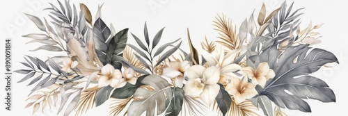 Elegant floral arrangement featuring delicate flowers and tropical leaves on a white background. Perfect for nature-inspired designs and decor.