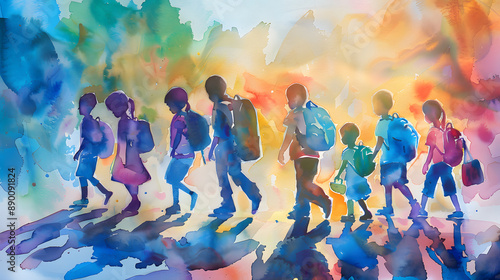 Watercolor artwork depicting a group of children walking to school with backpacks on © Pongsathon