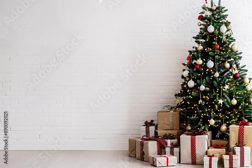 decorated christmas tree and heap of gift boxes over white brick wall with copy space photo