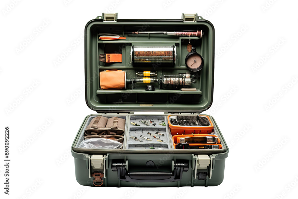 A Well-Stocked Fly Fishing Tackle Box Ready for a Day on the River on a Clear PNG or White Background. A Well-Stocked Fly Fishing Tackle Box Ready for a Day on the River on a Clear PNG or White Background.
