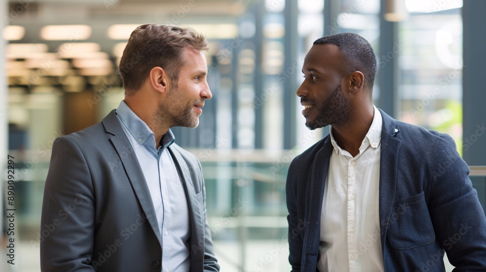 Confident discussion between two business partners sharing expertise in a sleek office Confident discussion between two business partners sharing expertise in a sleek office