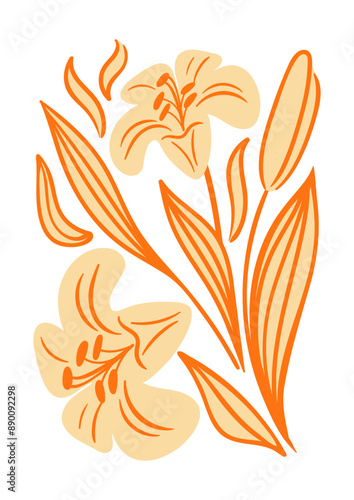 Lilies. Modern flowers, decorative pattern of pastel colors in geometric shapes. Abstract groovy botanical poster. Aesthetic vector vintage illustration.