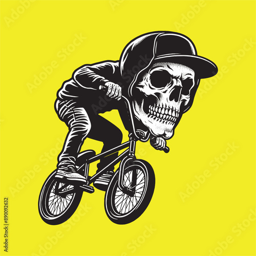 a bmx player with a skull look black white vector, full body