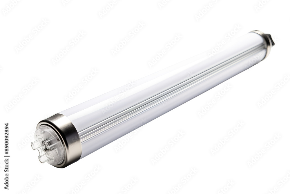 A Single, Sleek, Silver-Tipped Fluorescent Light Bulb Against a White Background on a Clear PNG or White Background. A Single, Sleek, Silver-Tipped Fluorescent Light Bulb Against a White Background on a Clear PNG or White Background.