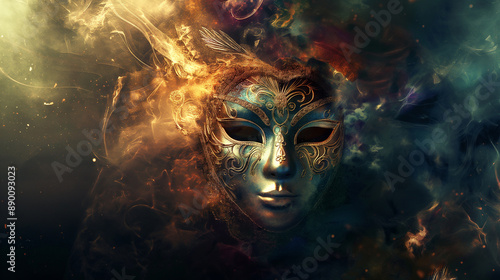 Creative illustration of a carnival mask flying on abstract background