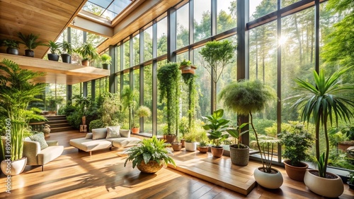 An indoor forest with various trees and plants in a spacious, eco-friendly home with sustainable materials and large windows providing ample natural light.