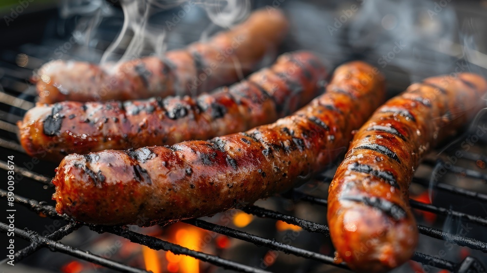 Grilled Sausages on Barbecue Grill with Flames and Smoke - Perfect for Summer BBQ and Outdoor Cooking Themes Grilled Sausages on Barbecue Grill with Flames and Smoke - Perfect for Summer BBQ and Outdoor Cooking Themes