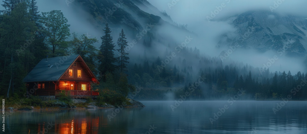 Fototapeta premium Cozy Cabin by Misty Mountain Lake at Dawn with Warm Lights and Serene Atmosphere