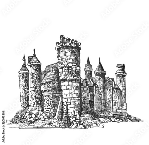 Medieval castle. Hand drawing sketch. Illustration jpg