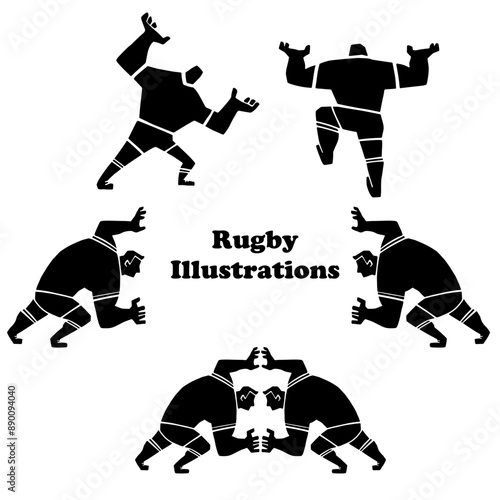 ラグビー選手の全身のシルエットイラストセット