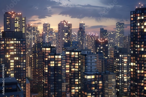 Urban Symphony. A captivating view of towering skyscrapers and bustling streets blending harmoniously.