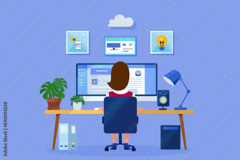a social media editor updating news. The scene includes elements like a computer screen displaying news feeds, social media icons, and the editor actively engaging with digital content a social media editor updating news. The scene includes elements like a computer screen displaying news feeds, social media icons, and the editor actively engaging with digital content