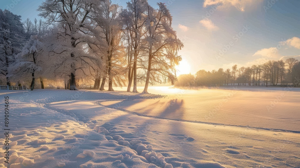 A snowy field with trees in the background A snowy field with trees in the background