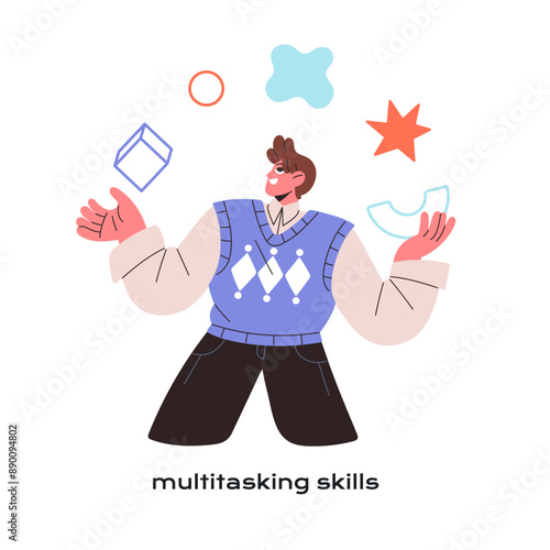 Multitasking skills concept. Busy employee works with multi tasks. Office worker with experience has time management ability. Effective person juggles. Flat isolated vector illustration on white