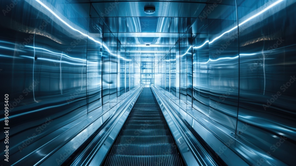 Futuristic blue hallway with reflective surfaces and lights Futuristic blue hallway with reflective surfaces and lights