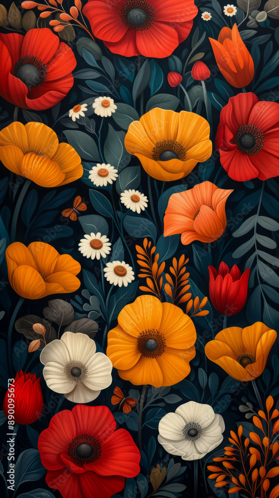 Bright floral illustration of red, orange, and white flowers on a navy background, Generative AI Bright floral illustration of red, orange, and white flowers on a navy background, Generative AI