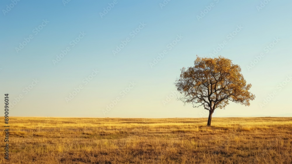 Fototapeta premium Lone tree stands in vast grassy field under clear sky