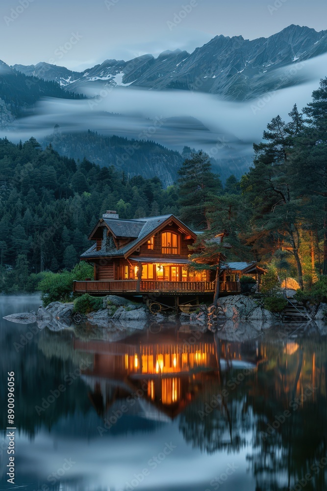 Fototapeta premium Cozy Wooden Cabin by a Tranquil Lake with Majestic Mountain Backdrop at Dusk