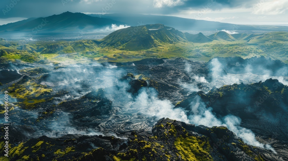 A large, rocky, and barren landscape with smoke and steam rising from the ground A large, rocky, and barren landscape with smoke and steam rising from the ground
