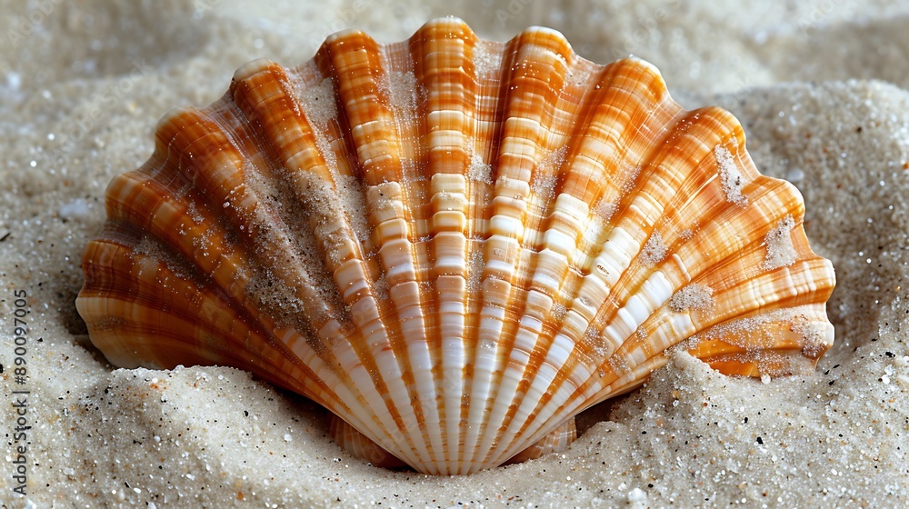 Single scallop shell on sandy surface isolated on white background, perfect for seashell collectors and coastal decor. Single scallop shell on sandy surface isolated on white background, perfect for seashell collectors and coastal decor.