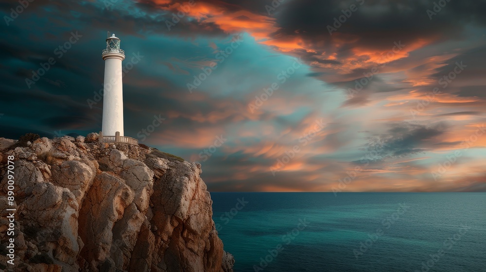 Old lighthouse on a rocky, textured cliff, with the vivid colors of the sea and sky in the background Old lighthouse on a rocky, textured cliff, with the vivid colors of the sea and sky in the background