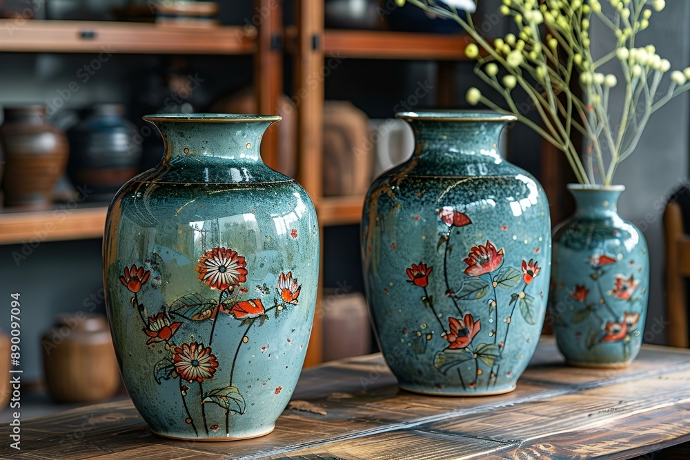 three vases sitting on a table with flowers in them. three vases sitting on a table with flowers in them.