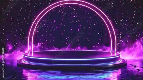 round plarform podium stage stand in neon lights on grunge dark background animation -- 4k social media new stock video footage animation design AI	 photo