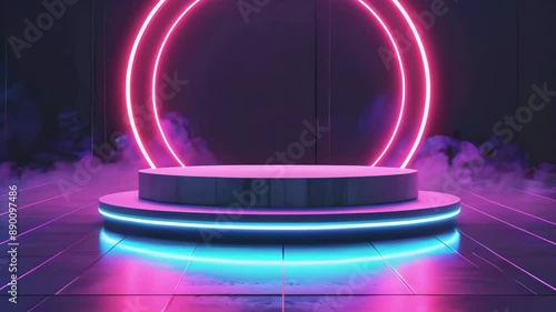 round plarform podium stage stand in neon lights on grunge dark background animation -- 4k social media new stock video footage animation design AI	 photo