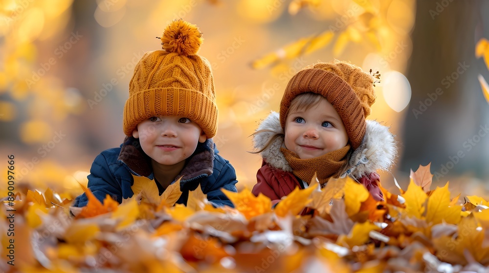 Happy Children Exploring Autumn Leaves in Vibrant Fall Landscape Happy Children Exploring Autumn Leaves in Vibrant Fall Landscape