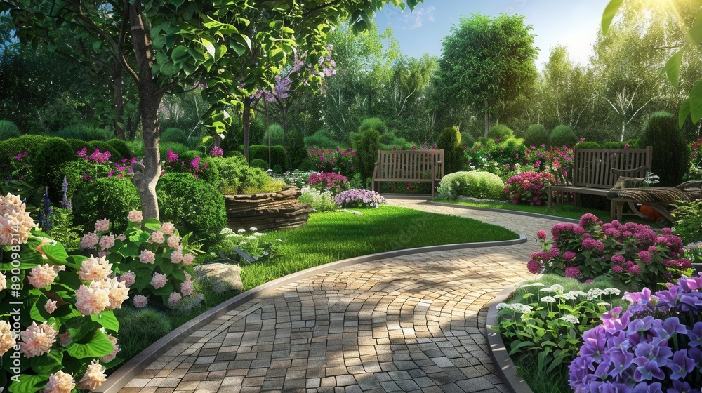 Fototapeta premium Serene Oasis. Tranquil garden filled with colorful flowers