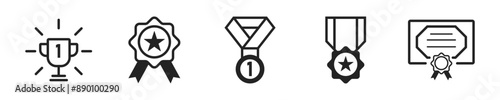 Awards icon set. Set of 5 outline icons related to awards, cup,success. Linear icon collection. Awards outline icons collection. Editable stroke. Vector illustration.