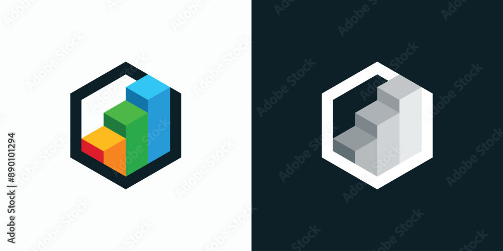 Fototapeta premium Vector logo design of geometric hexagon shape growth graph with three-dimensional effect modern, simple, clean and abstract style.