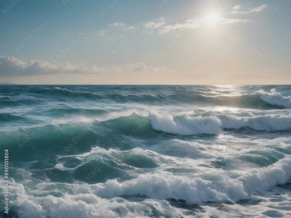Calm ocean waves with a blue sky background Calm ocean waves with a blue sky background
