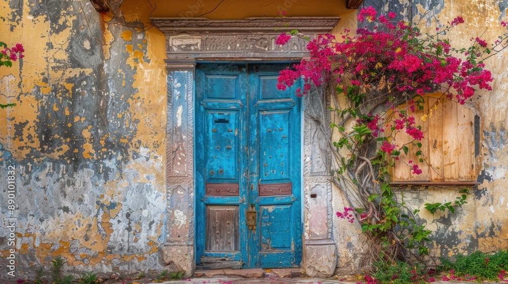 Distressed Blue Door with Bougainvillea Vines Distressed Blue Door with Bougainvillea Vines