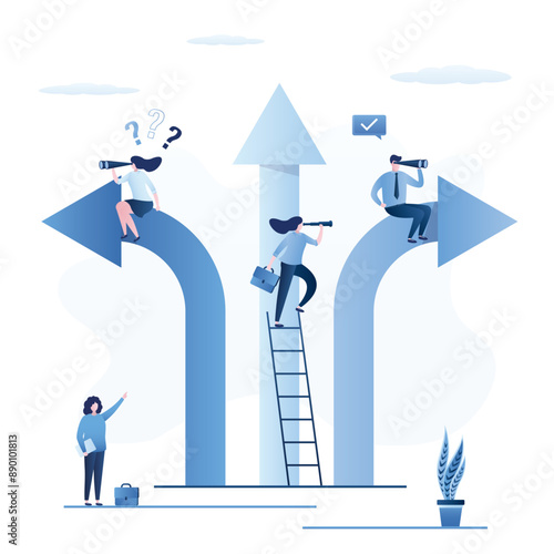 Business people with solving and decisions. Choice right way concept. Employees before choice. Smart workers and arrows point in different directions.