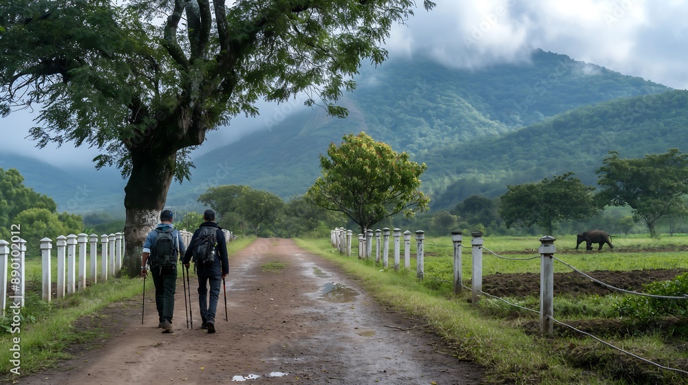 black and backpacks walked along the dirt road on their way to hiking in front of green mountains black and backpacks walked along the dirt road on their way to hiking in front of green mountains