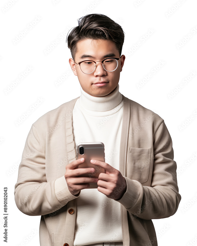 A young man in glasses and a beige sweater focuses intently on his smartphone, capturing a moment of serious engagement with technology. Perfect for themes of communication, technology A young man in glasses and a beige sweater focuses intently on his smartphone, capturing a moment of serious engagement with technology. Perfect for themes of communication, technology