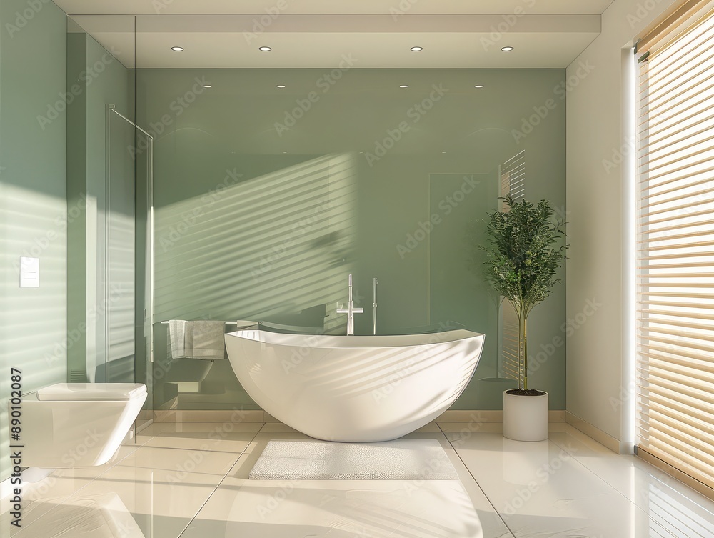Modern bathroom interior with a green accent wall, beige and white color scheme, minimalistic design elements including a bathtub, toilet bowl, and sink Modern bathroom interior with a green accent wall, beige and white color scheme, minimalistic design elements including a bathtub, toilet bowl, and sink