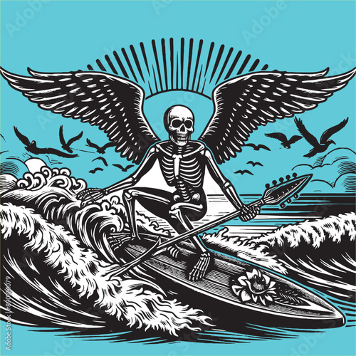 death angel is playing surfing at sea black white vector