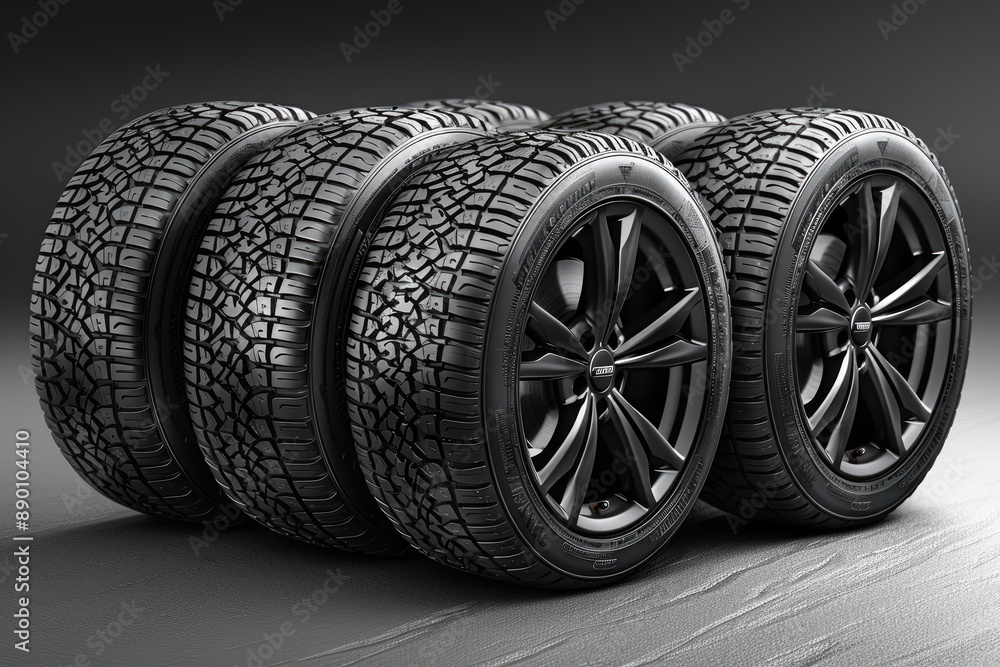 Showcase of four black alloy wheels with rugged allterrain tires on a dark surface Showcase of four black alloy wheels with rugged allterrain tires on a dark surface