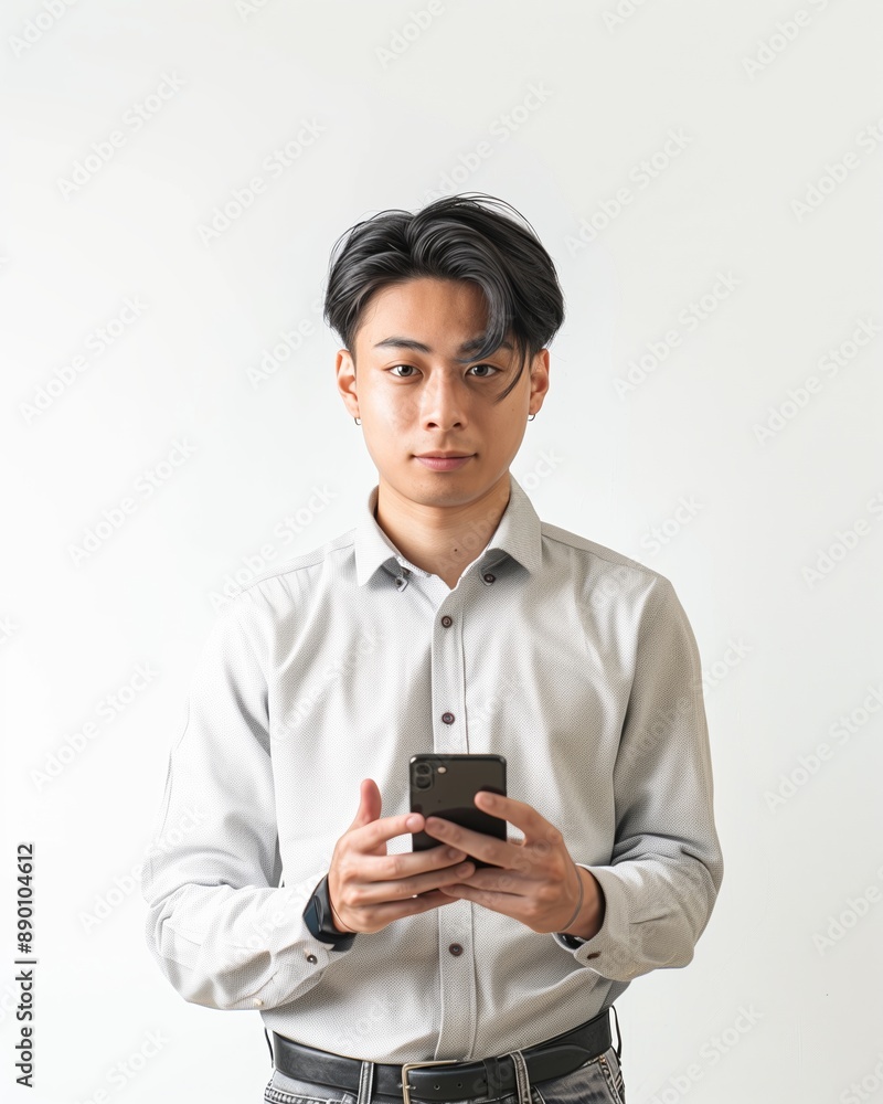 A young man in a light patterned shirt concentrates on his smartphone, capturing a moment of serious engagement with technology. Perfect for themes of communication, technology, and modern lifestyle A young man in a light patterned shirt concentrates on his smartphone, capturing a moment of serious engagement with technology. Perfect for themes of communication, technology, and modern lifestyle