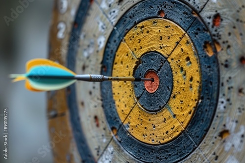 Closeup of a dartboard with a dart hitting the bullseye photo