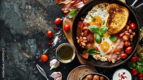 Delicious English Breakfast with fried eggs, bacon, beans, toast and cherry tomatoes in a skillet